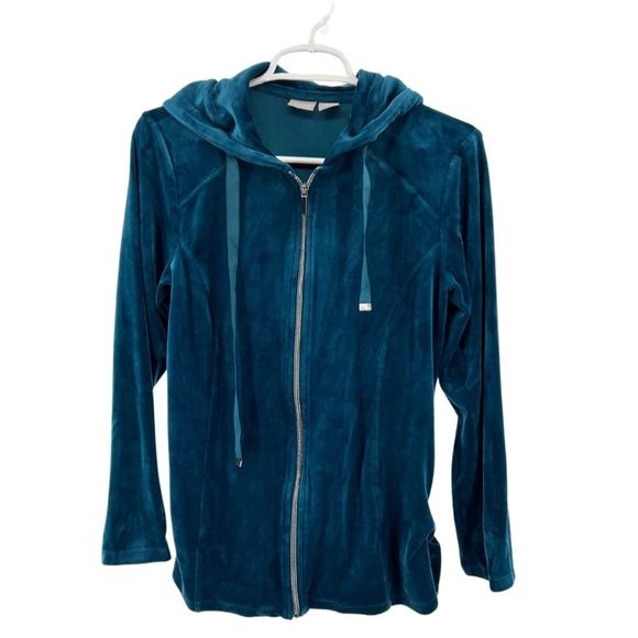 Zynergy by Chicos side snap velour teal size 0 4/5 hooded zip up casual workout - Picture 1 of 6